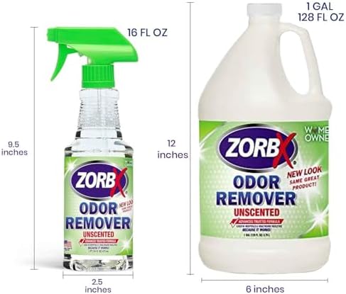 ZORBX Unscented Odor Eliminator for Strong Odor - Used in Hospitals & Healthcare Facilities | Advanced Trusted Formula, Fast-Acting Odor Remover Spray for Dog, Cat, House & Carpet (16 Oz + 128 Oz)