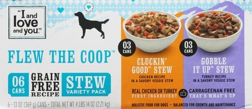 I AND LOVE AND YOU Wet Dog Food - Flew The Coop Variety Pack - Chicken + Turkey, Grain Free, Filler Free 13oz can, 6pk