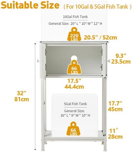 10 Gallon Fish Tank Stand with Cabinet, Double Aquarium Stand for 10 & 5 Gallon Fish Tank, Heavy Metal Stand with Stable Structure, Adjustable Table Feet & Anti-tilt Device - White