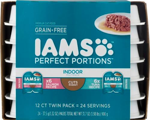 IAMS Perfect Portions Indoor Wet Cat Food with Salmon and Tuna Recipe Variety Pack, Easy Peel Twin-Pack Trays, Pack of 12 (24 Total Servings)