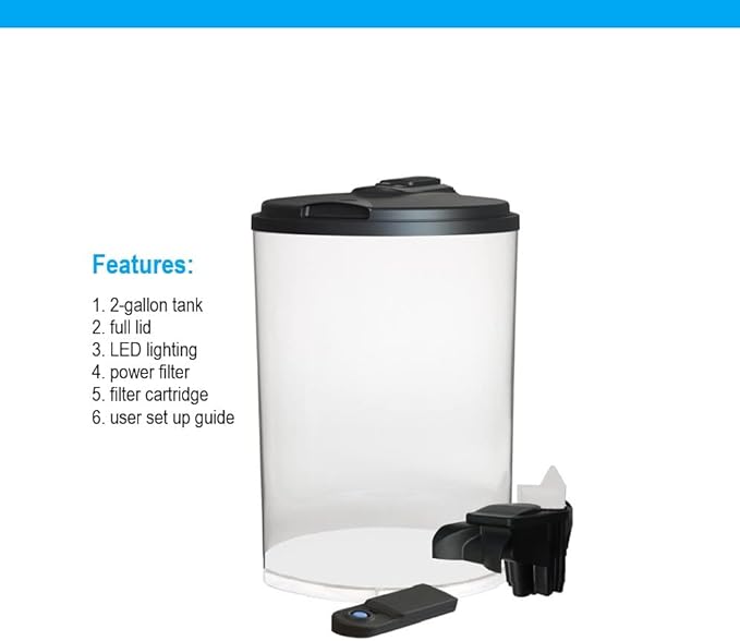 Koller Products AquaView 2-Gallon Plastic 360 Aquarium with Power Filter & LED Lighting for Tropical Fish - Betta Fish