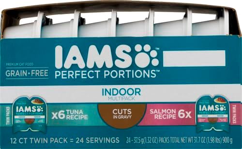 IAMS Perfect Portions Indoor Wet Cat Food with Salmon and Tuna Recipe Variety Pack, Easy Peel Twin-Pack Trays, Pack of 12 (24 Total Servings)