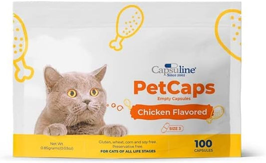 Capsuline PetCaps Size 3 Empty Gelatin Capsules for Cats of All Life Stages, Chicken Flavored - 100 Count| Hides Medicine Taste & Scent | Gluten Free, Kosher, Non-GMO Certified | Pure Bovine Pill Caps