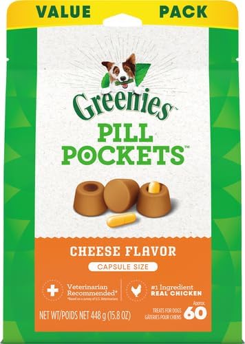 GREENIES PILL POCKETS for Dogs Capsule Size Natural Soft Dog Treats, Cheese Flavor, 15.8 oz. Pack (60 Treats)