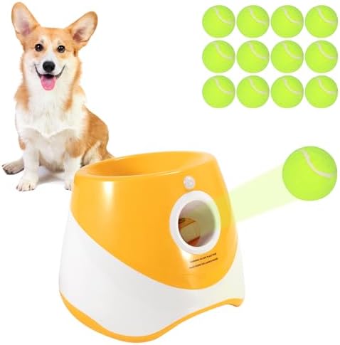 Ball Launcher for Dogs, Automatic Dog Ball Launcher with 12 Tennis Ball, Interactive Dog Toys Pet Ball Indoor Outdoor Thrower Machine (Yellow Automatic Tennis Ball)