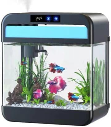 Fish Tank Aquarium 2.2 Gallon with Humidifier 7 Color Auto-Looping Light Self Cleaning 3 in 1 Pump with Filteration & Oxygenation & Circulation, Temperature Display, HD Float Glass, Thickened Base