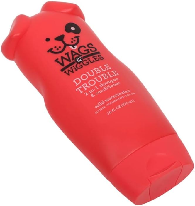 Wags & Wiggles Double Trouble 2-in-1 Dog Shampoo & Conditioner | Cleansing and Nourishing Shampoo and Conditioner for Dogs | Fruity Watermelon Scent, 16 Ounces