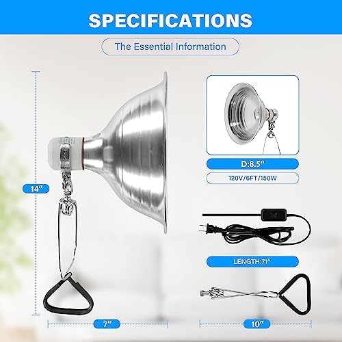 Simple Deluxe 150W Reptile Heat Bulb and 8.5 inch Clamp Light, 40-108℉ Digital Thermostat Controller and Thermometer Included, for Amphibian Pet & Incubating Chicken, Silver