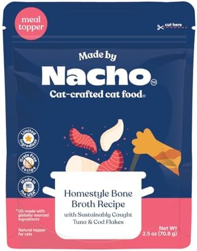 Made by Nacho Wet Cat Food Homestyle Bone Broth with Sustainably Caught Tuna and Cod Flakes Food Topper, Limited-Ingredient - 24ct