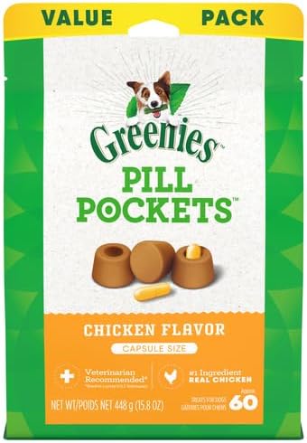 Greenies Pill Pockets for Dogs Capsule Size Natural Soft Dog Treats Chicken Flavor, 15.8 oz. Pack (60 Treats)