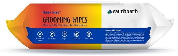 earthbath, Mango Tango Grooming Wipes - Dog Wipes for Paws and Butt, Best Pet Wipes for Dogs & Cats, Made in USA, Cruelty-Free Dog Cleaning Wipes, Removes Dirt & Dander - 100 Count (1 Pack)