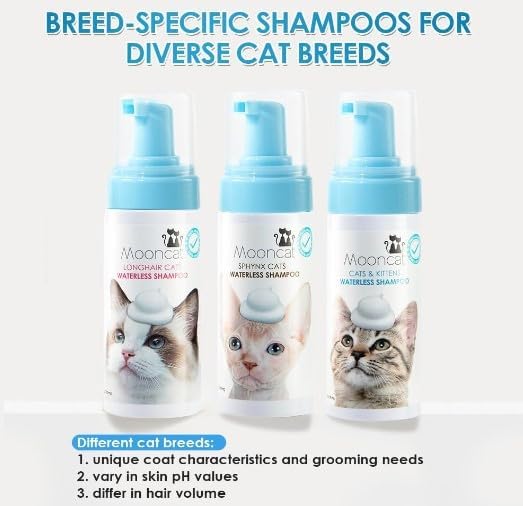 Mooncat Waterless Cat Shampoo and Brush Kit - No Rinse Foam Bath for Long Hair Cats - Grooming for Sensitive Skin, Detangling, Paraben-Free, pH Balanced - Licking Safe (5 oz)