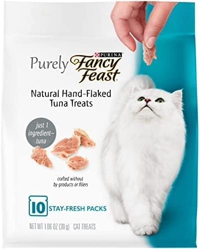 Variety Pack (6) Purely Fancy Feast Natural Hand-Flaked Cat Treats (2 Tuna, 2 Salmon, 2 Chicken) with AuroraPet Cat Toy (Assorted)