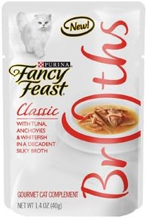 Fancy Feast Broths Classic Tuna, Anchovies & Whitefish Cat Food Complement, 1.4 oz, 16 pouches