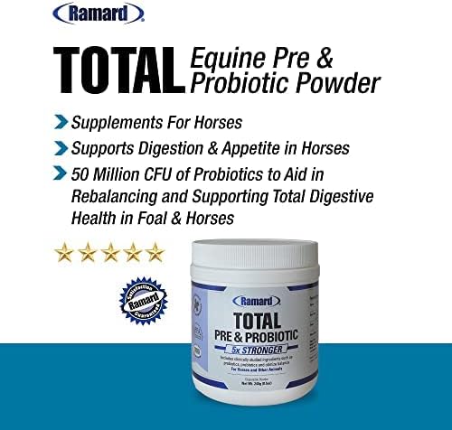 Total Prebiotic & Probiotic Equine Formula - Natural Digestive Supplement for Horses Optimal Gut Health, Nutrient Absorption, Foal Support Pro & Pre Biotics for Livestocks and Horse 8.5 oz Jar