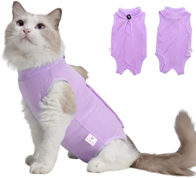 Cat Surgery Recovery Suit Female Kitten Cat Onesie for Cats After Surgery Spay Surgical Abdominal Wound Skin Diseases Cone Collar Soft Alternative Wear (Purple, M)