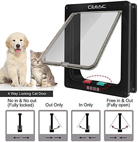 CEESC Large Cat Door (Outer Size 11" x 9.8"), 4 Way Locking Cat Door for Windows & Sliding Glass Door, Weatherproof Cat Flap Door for Cats & Doggie with Circumference < 24.8"
