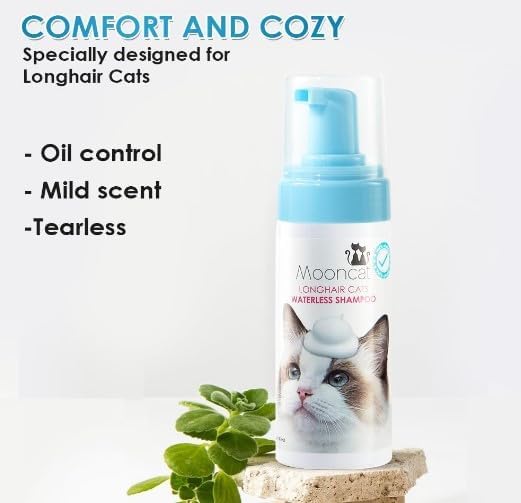 Mooncat Waterless Cat Shampoo and Brush Kit - No Rinse Foam Bath for Long Hair Cats - Grooming for Sensitive Skin, Detangling, Paraben-Free, pH Balanced - Licking Safe (5 oz)