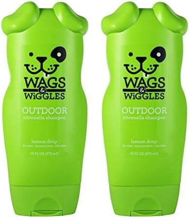 Wags & Wiggles Outdoor Citronella Dog Shampoo in Lemon Drop Scent | Great Smelling Dog Shampoo, Cleansing Dog Grooming Supplies for Smelly Dogs, 16 Oz (Pack of 2)