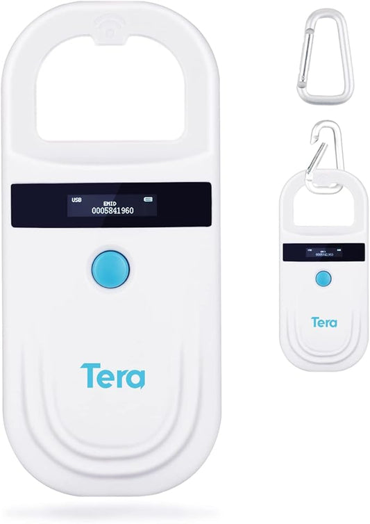 Tera Pet Microchip Reader Scanner with D-Ring RFID Portable Animal Chip ID Scanner with OLED Display Screen Rechargeable Data Storage Tag Scanner EMID FDX-B(ISO11784/85) for Dog Animal Management W80