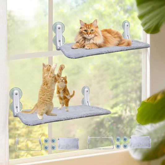 L&W BROS. 2PC Cat Window Perch Cordless Cat Hammock Easy to Assemble without tools in 2 minutes, with 4 Suction Cups, Soft Reversible Cover 20"x 12" Foldable Cat Beds for Indoor Cats (M 2Pc)