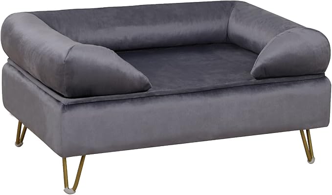 Dog Sofa Bed, Soft Velvet Fabric, Wooden Frame, Medium Dog Rest, Grey