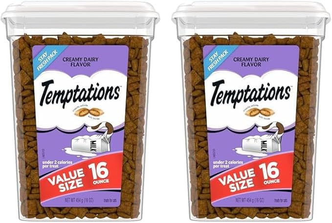 Temptations Classic Crunchy and Soft Cat Treats Creamy Dairy Flavor, 16 oz. Tub (Pack of 2)
