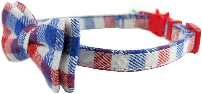 Cat Collar Breakaway with Bell and Bow Tie, Plaid Design Adjustable Safety Kitty Kitten Collars(6.8-10.8in) (Red/White/Blue)