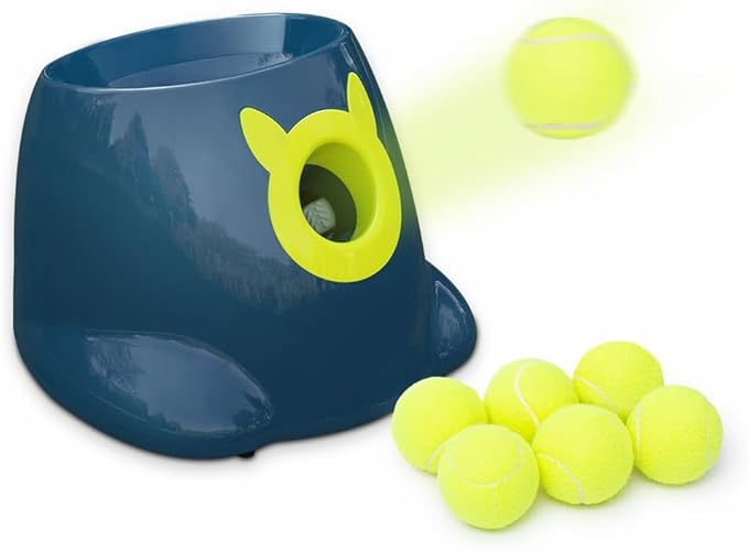 Automatic Ball Launcher, Adjustable Launch Distance, Including 6 Pack Small Sized Balls, Suitable for Small to Medium Sized Dogs (Blue)