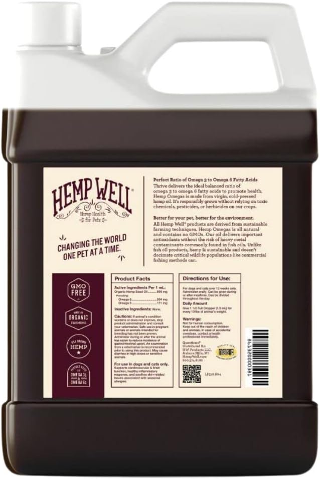 Hemp Well Thrive Pet Oil for Cats and Dogs, Everyday Supplement for Overall Health with Omega 3, Supports Hip, Joint, and Heart Health, Organically Sourced - Gallon