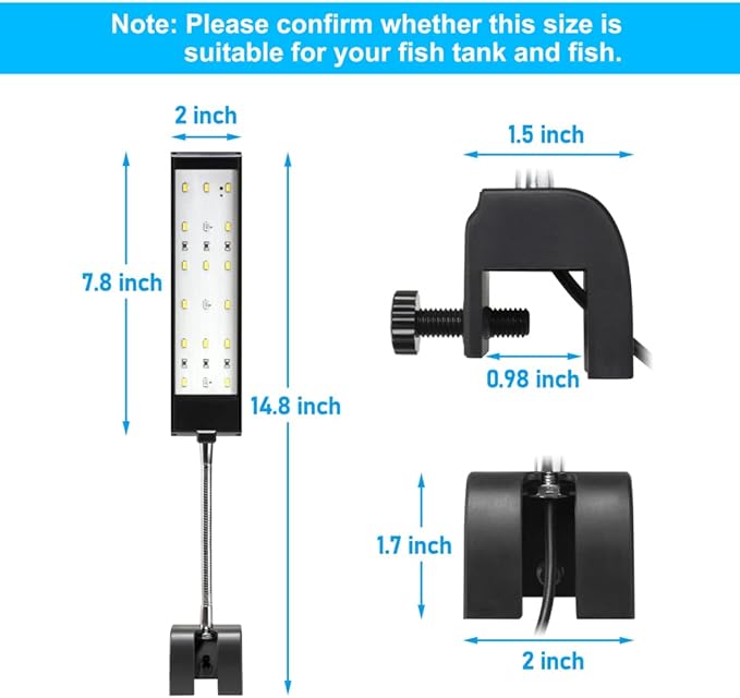 Aquarium Light Clamp Fish Tank Light White and Blue LEDs 8W Aquarium Clip On Light with 3 Lighting Modes and Timer&Dimmer, 1 Yr Warranty