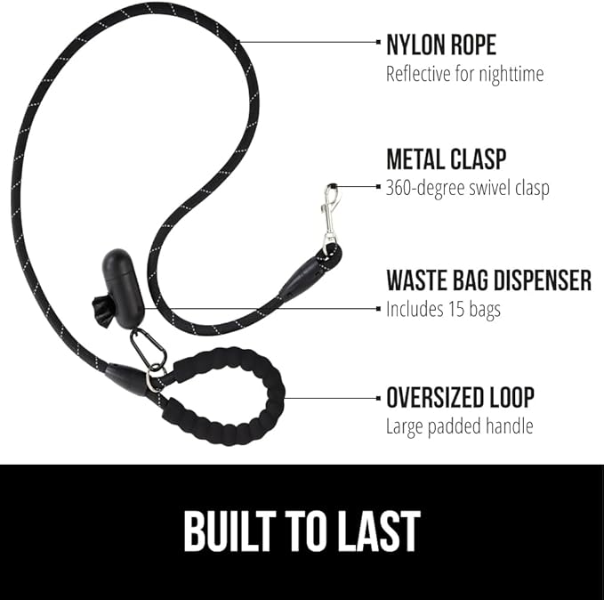 Gorilla Grip Heavy Duty Dog Leash, Soft Handle, Strong Reflective Rope for Night Pet Walking Small Medium Large Animals, Durable Puppy Training Leashes, Rotating Metal Clip, Waste Bag Dispenser, Black