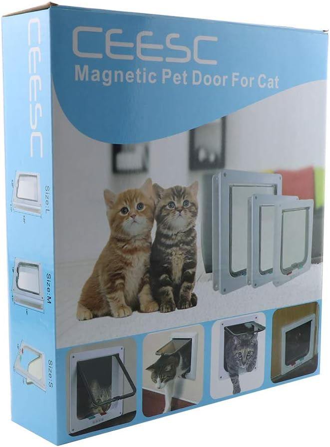CEESC Cat Flap Door Magnetic Pet Door with 4 Way Lock for Cats, Kitties and Kittens, 2 Sizes and 2 Colors Options (L- Inner size: 7.08"(W) x 7.48"(H), White)