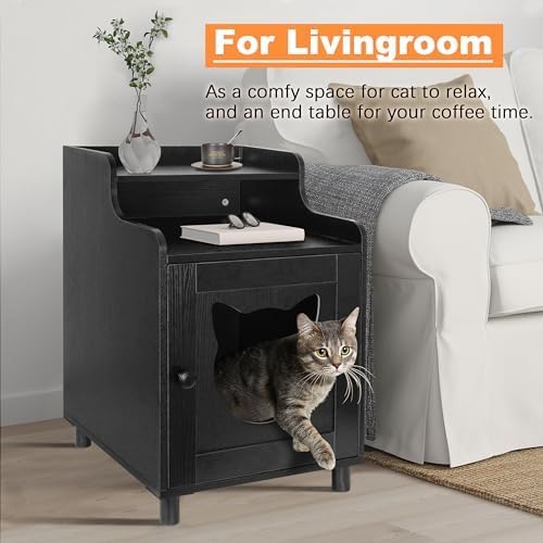 DOUSY- Small Wooden Cat Litter Box Enclosure, Hidden Litter Box Furniture Enclosed Cat Washroom Storage Cabinet, Side Table, Nightstand, Indoor Pet House 15.8 x 15.8 x 24 Inches, Black