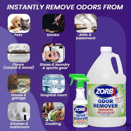 ZORBX Unscented Odor Eliminator for Strong Odor - Used in Hospitals & Healthcare Facilities | Advanced Trusted Formula, Fast-Acting Odor Remover Spray for Dog, Cat, House & Carpet (16 Oz + 128 Oz)