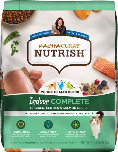 Rachael Ray Nutrish Indoor Complete Premium Natural Dry Cat Food with Added Vitamins, Minerals & Other Nutrients, Chicken with Lentils & Salmon Recipe, 14 Pounds (Packaging May Vary)