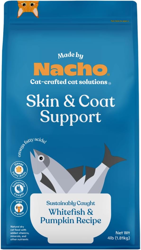 Made by Nacho Bone Broth Infused Dry Cat Kibble - Skin and Coat Support, Sustainably Caught Whitefish and Pumpkin - Premium Grain-Friendly Cat Food 4lb Bag, Limited Ingredients