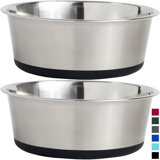 Gorilla Grip Stainless Steel Metal Dog Bowl Set of 2, Rubber Base, Heavy Duty Feeding Dishes, Food Grade BPA Free, Less Sliding, Quiet Pet Bowls for Cats and Dogs, Holds 8 Cups (64 fl oz), Black