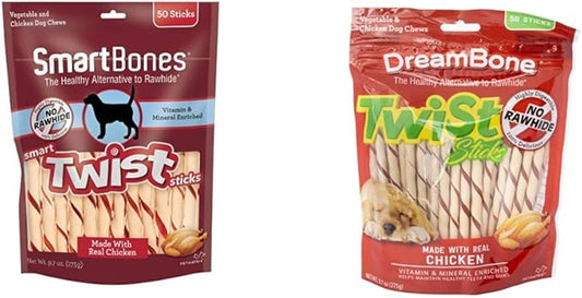 SmartBones Smart Twist Sticks (Pack of 1) and Dreambone Twist Sticks, Made with Real Chicken, Rawhide-Free Chews for Dogs, 50 Count