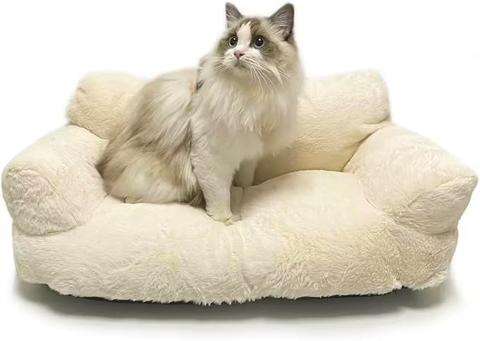 Pet Couch Sofa Bed, Checkers Plaid Washable Cat Beds for Medium Small Dogs & Cats Durable Plush Cat Couch Pet Sofa Bed Puppy Sleeping Bed Soft Anti-Slip (Ivory)