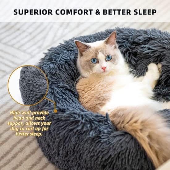 Cat Beds for Indoor Cats - Large Cat Bed Washable 24 inches, Dog Beds for Small Medium Dogs, Anti Anxiety Round Fluffy Plush Faux Fur Cat Bed,Thick Bottom Pet Bed
