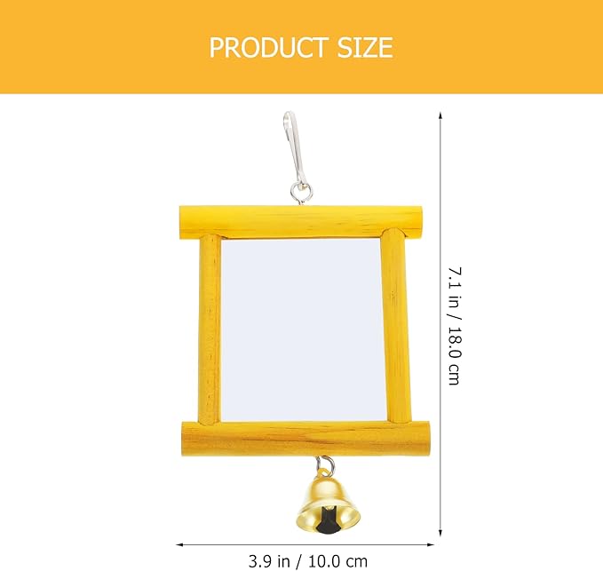 Bird Mirror Toy Wooden Parrot Toy with Bell Bird Cage Hanging Toys Accessory (Yellow)