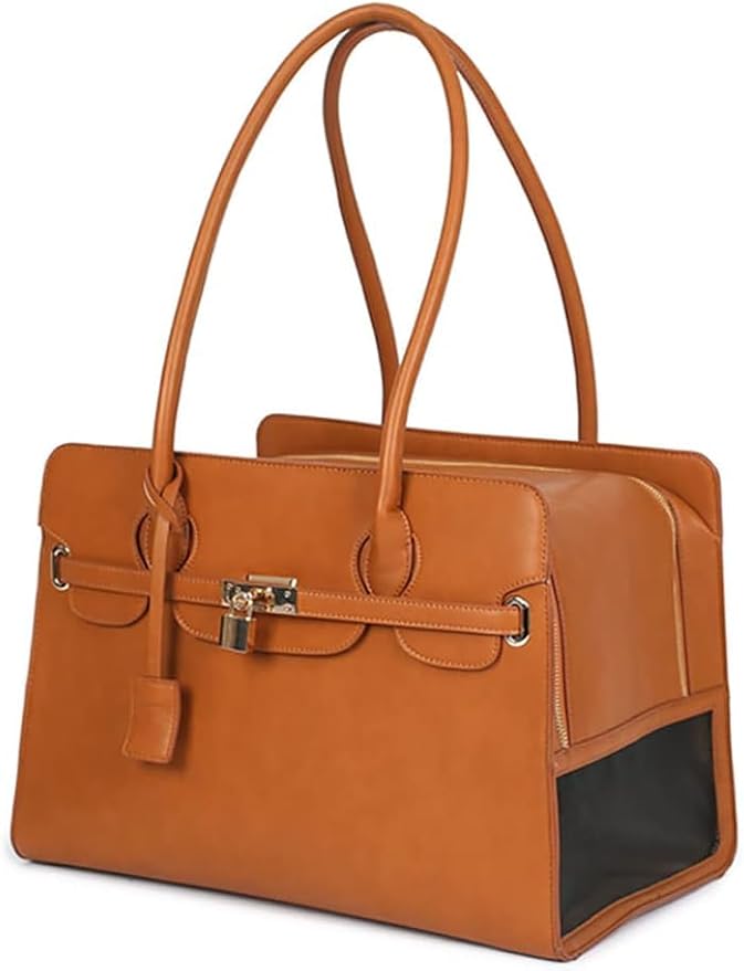 Fashion Dog Purse Carrier for Small Dogs, Holds Up to 10lbs Quality PU Leather Small Pet Carrier Purse, Cat Carrier, Airline Approved Puppy Purse Carrier for Travel (Brown, Small Size)