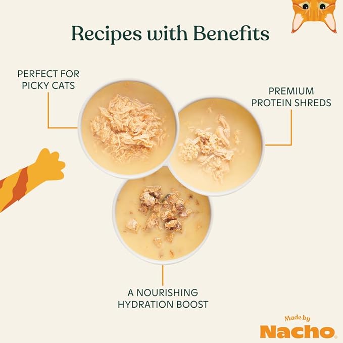 Made by Nacho Wet Cat Food Homestyle Bone Broth Variety Pack Hydrating Food Topper, Chicken (x4), Turkey (x4), and Tuna and Cod Flakes (x4) Limited Ingredients, 2.5oz (12 pouches)