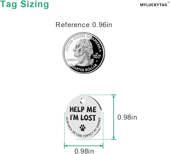 MYLUCKYTAG Stainless Steel QR Code Pet ID Tags Cat Tags - Pet Online Profile - Scan QR Receive Instant Pet Location Alert Email