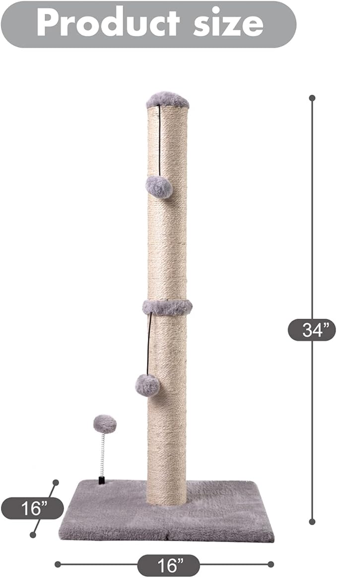 34“ Tall Cat Scratching Post Premium Basics Kitten Scratcher Sisal Scratch Posts Trees with Hanging Ball for Indoor Cats (34 inches for Adult Cats, Gray)