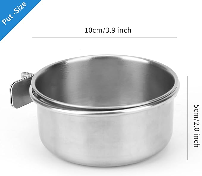 2pcs VVNIAA Stainless Steel Bird bowls, Durable Bird Water Bowl, Bird Feeding Cups, Chinchilla Food Bowl, Bird Dishes for Cage, Bird Cage Feeders and Waterers, Bird Food Bowl, Bird Bowls with Clamp.