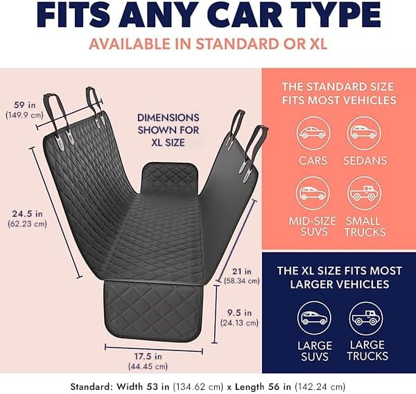 Active Pets Dog Car Seat Cover for Back Seat. Car Seat Protector Dog Hammock for Car - Waterproof Pet Back Seat Cover for Trucks, Sedans & SUVs - Use with Chom Chom Roller Pet Hair Remover. Black XL
