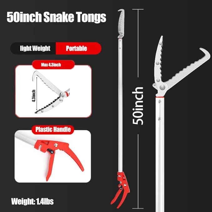 50 inch Heavy Duty Snake Tongs Reptile Grabber Catcher Wide Jaw Handling Tool, Extra Flashlight & Non-slip Straps Included