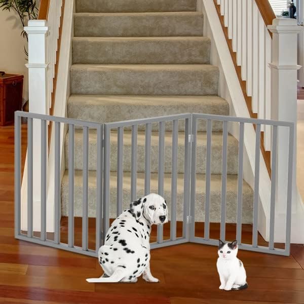 Pet Gate - 3-Panel Indoor Foldable Dog Fence for Stairs, Hallways, or Doorways - 54x24-Inch Retractable Wood Freestanding Dog Gates by PETMAKER (Gray)